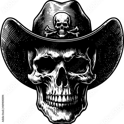 Detailed black and white illustration of a menacing human skull wearing a western cowboy hat with a skull and crossbones emblem on the front
