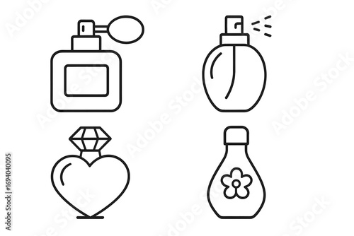 Perfume bottle line icon set. Vector collection of fragrance and cosmetic symbols for beauty and fashion. Scent spray, glamour glass flacon, and deodorant container outline.
