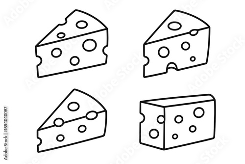 Set of cheese wedge and block line icons. Simple black and white vector illustration for food, dairy concepts. Cartoon Emmental or Swiss cheese with holes. Isolated.