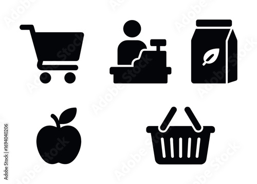 Grocery shopping icons set with cart, checkout, grocery bag, apple, and basket