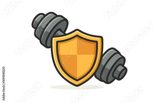 Fitness security logo with shield and dumbbell. Gym protection icon concept. Strength training and workout symbol for a personal trainer or bodybuilding. Vector power emblem.