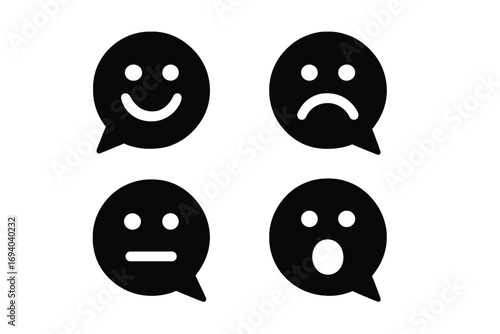Set of four black chat bubble icons with negative space smiley faces showing emotions like happy, sad, neutral, and surprised, vector cartoon illustration with transparent background