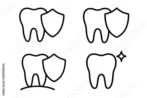 Dental care and tooth protection vector icon set. Line art symbols of teeth with shield for oral hygiene and health insurance. Clean sparkling tooth for dentist, stomatology clinic.