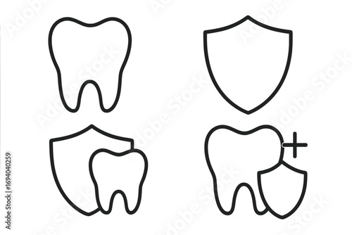 Tooth protection and dental care line icon set. Vector symbols of tooth with shield for health insurance. Stomatology, oral hygiene, and dentistry clinic graphic elements.