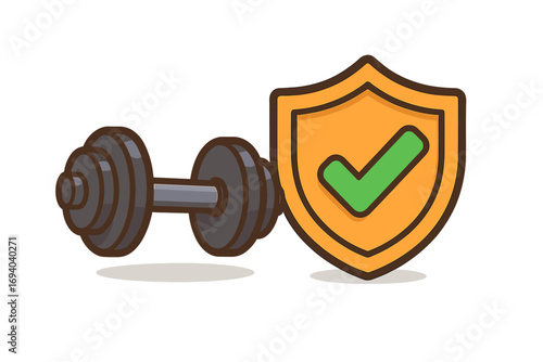Strength training protection concept. Dumbbell for gym and workout with shield checkmark for safety guarantee. Vector icon for health insurance, physical resilience, certified fitness.