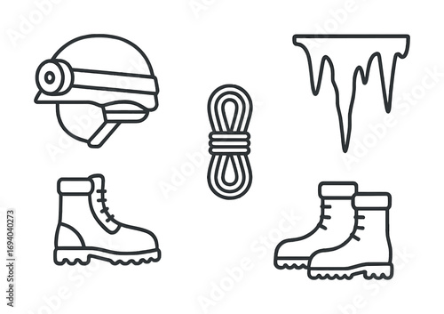 Essential mountaineering gear: helmet, rope, ice, boots icons set