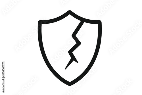 Cracked shield icon. Metaphor for vulnerability, risk, danger, and insecurity. Concept of a security breach, data breach, cyber attack, or system failure. Unprotected.