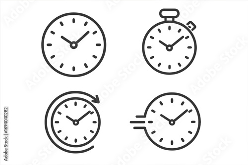 Clock line icon set. Time, timer, stopwatch, speed concept. Vector pictogram collection for web, app, UI. Fast time, deadline, history, countdown symbols. Simple outline.