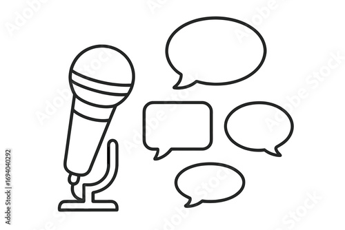 Voice recording & communication concept. Microphone with speech bubbles. Metaphor for podcast, interview, discussion, opinion. Minimal pictogram line art vector illustration.