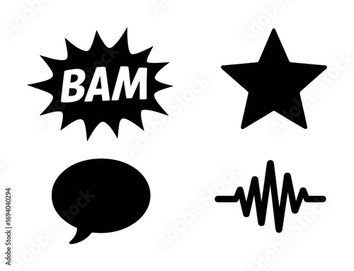 Collection of graphic symbols: star, sound wave, speech bubble, bam
