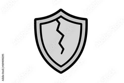 Cracked shield icon concept of vulnerability and security breach. Broken protection symbol. Metaphor for data risk, cyber attack, and failed defense. Vector illustration.