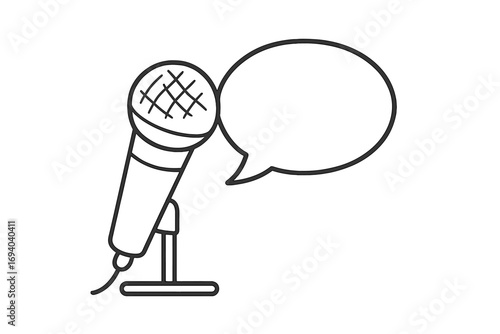 Microphone with speech bubble vector line icon. Concept for podcast, interview, communication, public speaking, or announcement. Voice recording for radio, show, or broadcast.