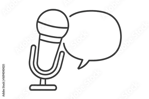 Microphone with speech bubble line icon. Podcast, interview, or talk show concept. Public speaking, voice recording & broadcasting symbol. Simple vector outline illustration.