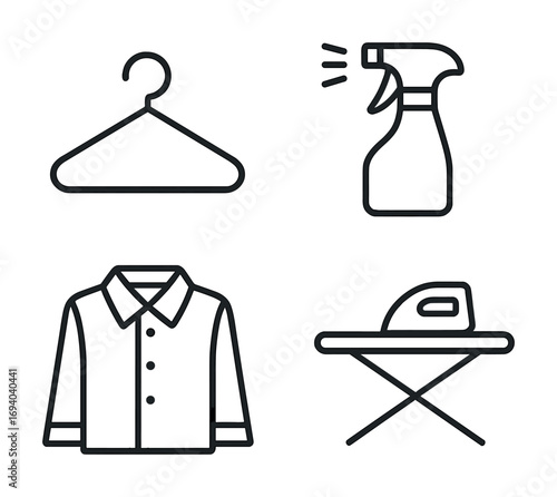 Laundry care icons: hanger, spray bottle, shirt, ironing board
