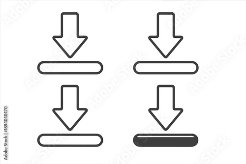 Download icon set with arrow and progress bar. Vector collection of simple line art symbols for web and app UI UX design. Loading, installing, or updating indicator button.