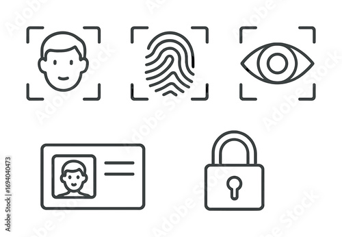 Biometric security icons including face id, fingerprint, eye scan, id card, and lock