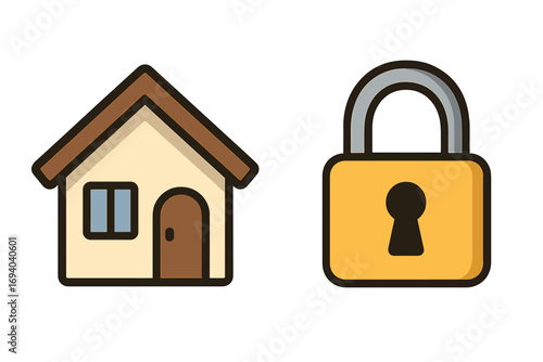House and lock icon set for security and safety. Home protection and privacy symbol. Real estate, property insurance concept. Vector illustration for web, app, ui. Padlock.