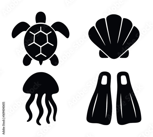 Silhouette icons: turtle, shell, jellyfish, and flippers set
