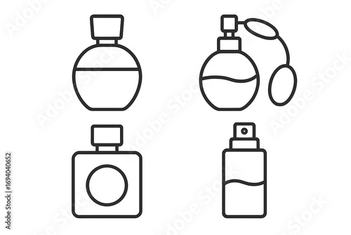 Perfume bottle line icon set. Vector collection of fragrance, scent, cosmetic containers. Includes classic flacon, vintage atomizer, and modern spray bottle illustration.