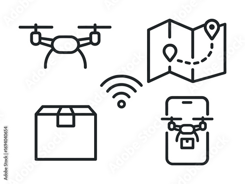 Drone technology: wireless package delivery and navigation icons