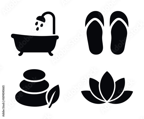 Relaxation icons: bathtub, flip flops, zen stones, lotus symbol