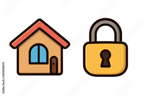 House and lock icon. Home security and safety concept. Real estate property protection. Vector symbol for lockdown, quarantine, stay at home. Cartoon illustration.