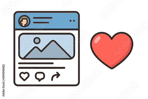 Social media app interface post with love reaction icon, vector cartoon illustration, transparent background, user profile, photo sharing, like and comment icons, digital interaction concept