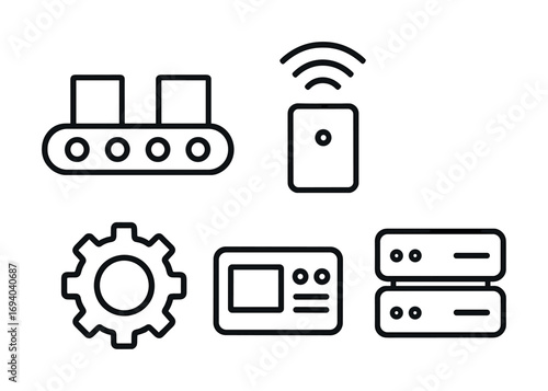 Vector icons: conveyor, wireless device, gear, control panel, server