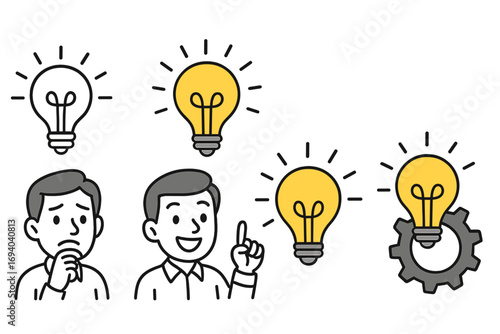 Solution thinking ideas and innovation concept with lightbulb icons and cartoon man expressions showing worry, discovery, creativity, and gear mechanism symbolizing problem solving and bright ideas