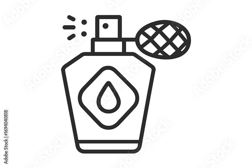 Perfume bottle icon with spray pump. Vintage flacon with atomizer. Line art vector for cosmetic, fragrance, scent, and aroma. Beauty, fashion, and luxury concept symbol.