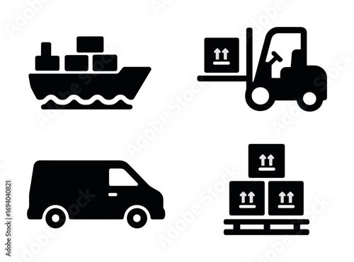 Shipping and logistics icons: cargo ship, forklift, van, pallet box vector set