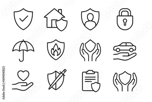 Insurance and protection line icon set. Concepts of security, defense, safety, and guarantee. For home, car, life, health, and fire insurance. Editable stroke vector.