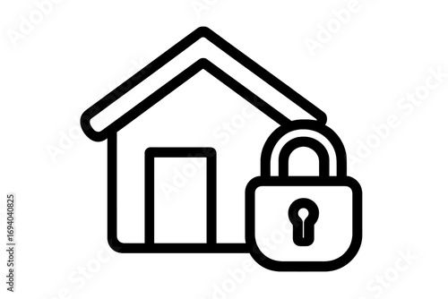 Home security thin line icon with house and padlock. Property protection, safety, insurance concept. Real estate pictogram. Secure building symbol for privacy and confidentiality.