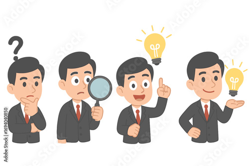 Businessman problem solving process with thinking, searching, idea discovery, and innovation. Creative concept with lightbulb symbol, cartoon vector illustration, transparent background, collection