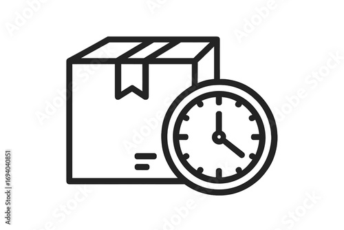 Vector line illustration of a box with clock icon, delivery and shipping concept, package with time symbol, fast order and logistics icon, cartoon style transparent background