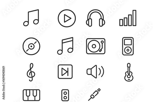 Music icon set. Audio sound symbols collection. Thin line icons for web and app design. Includes player, headphones, note, speaker, turntable. Vector pictogram with editable stroke.