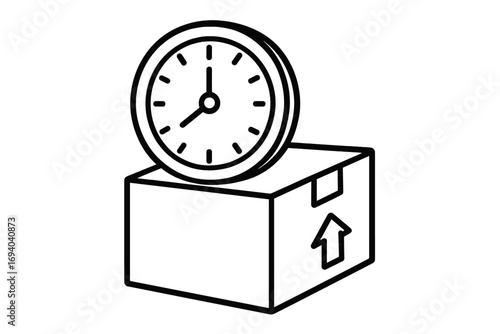Line illustration of clock on delivery box, time management concept, shipping and logistics, vector cartoon with transparent background, business and app icons, ordered set