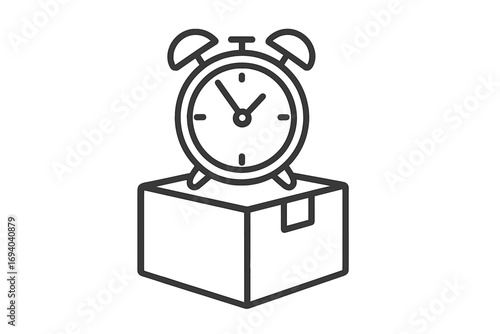 Line illustration of alarm clock on box, concept of delivery, packaging, shipping, time management, punctuality, and logistics, simple cartoon vector with transparent background