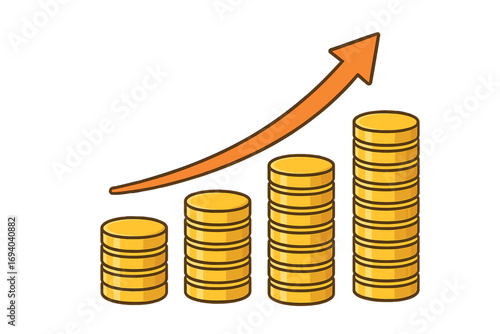 Stack of gold coins with rising financial growth arrow, investment profit increase, wealth accumulation concept, vector cartoon illustration with transparent background for business and finance