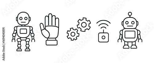 Line art robotics icons: robots, mechanical hand, gears, wireless connection