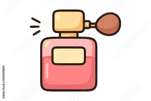 Perfume bottle with atomizer spray pump. Vector cartoon icon. Vintage flacon of fragrance, scent, or eau de parfum. Isolated beauty cosmetic symbol for glamour and fashion.