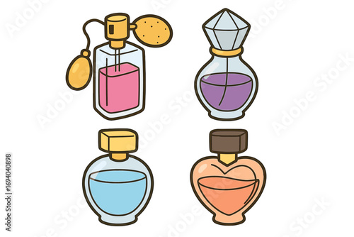 Set of colorful perfume bottles. Vector cartoon illustration. Fragrance and scent concept for cosmetics, beauty, and fashion. Glamourous flacon collection icon set.