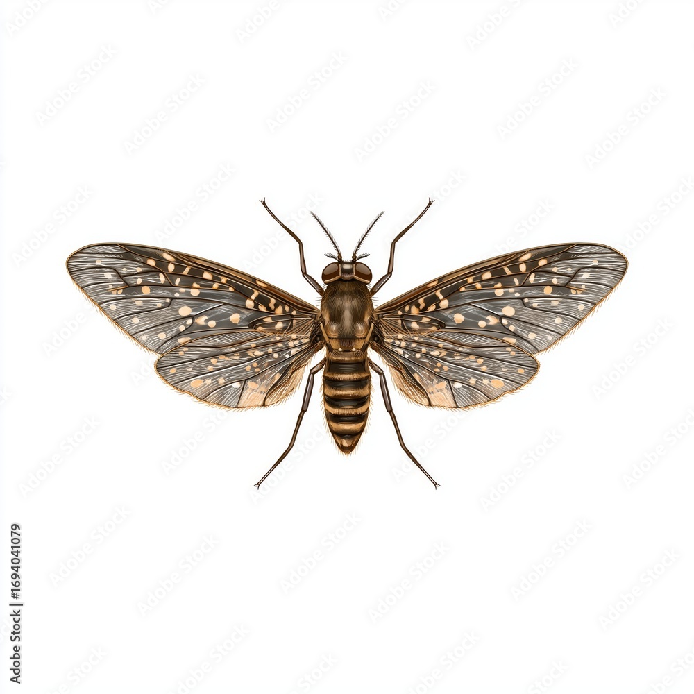 Obraz premium Detailed illustration of a brown insect with intricate wing patterns, showcasing its unique features and textures, perfect for educational or artistic purposes in nature studies