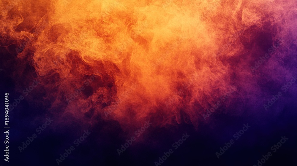 Obraz premium Dark purple, orange & light amber background—textured canvas, dust texture, soft focus, smoky atmosphere; orange fire (with yellow bottom flames) in upper right, lower left & frame side