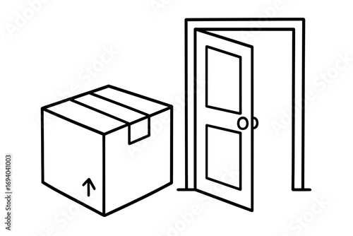 Line art vector illustration of a cardboard box next to an open door, concept of delivery, shipping, package arrival, unpacking, logistics, transparent background