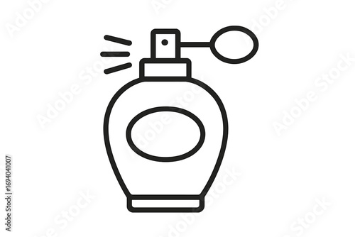 Perfume bottle line icon with vintage atomizer. Vector graphic for beauty, cosmetics, and fragrance concepts. Elegant scent spray illustration for web, logo, and print design.