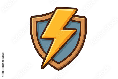 Shield and lightning bolt icon vector. Concept of energy, power, and protection. Security emblem or logo for apps. Cartoon illustration of electric flash guard safety.