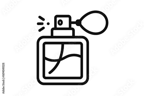 Perfume bottle line icon with vintage atomizer spray. Fragrance, scent, and cosmetic symbol for beauty and glamour. Vector illustration for design, web, and print media.