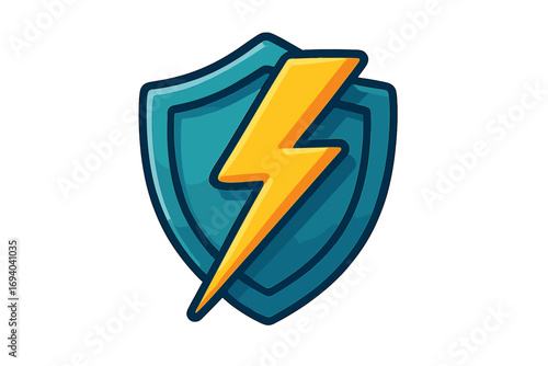 Lightning shield icon for security and protection. Vector logo concept for power, energy, and safety. Cartoon illustration for antivirus software, apps, and graphic design.