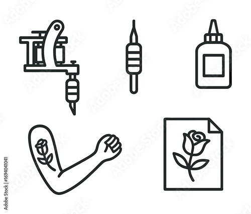 Tattoo equipment icons: machine, needle, ink, arm with rose tattoo